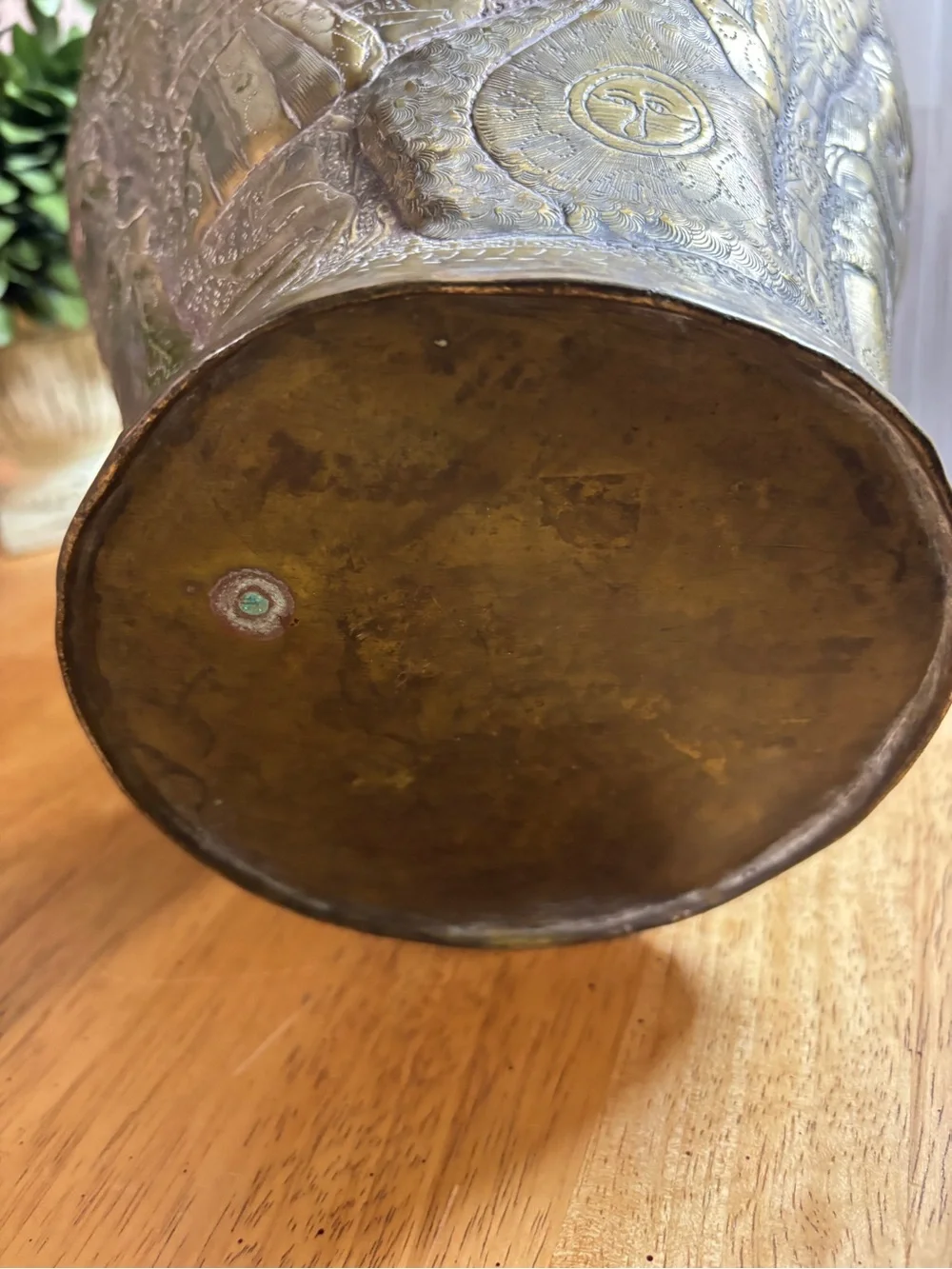 Vintage Hand-Etched Brass Vase with Elephant & Figural Motifs Boho Global Decor